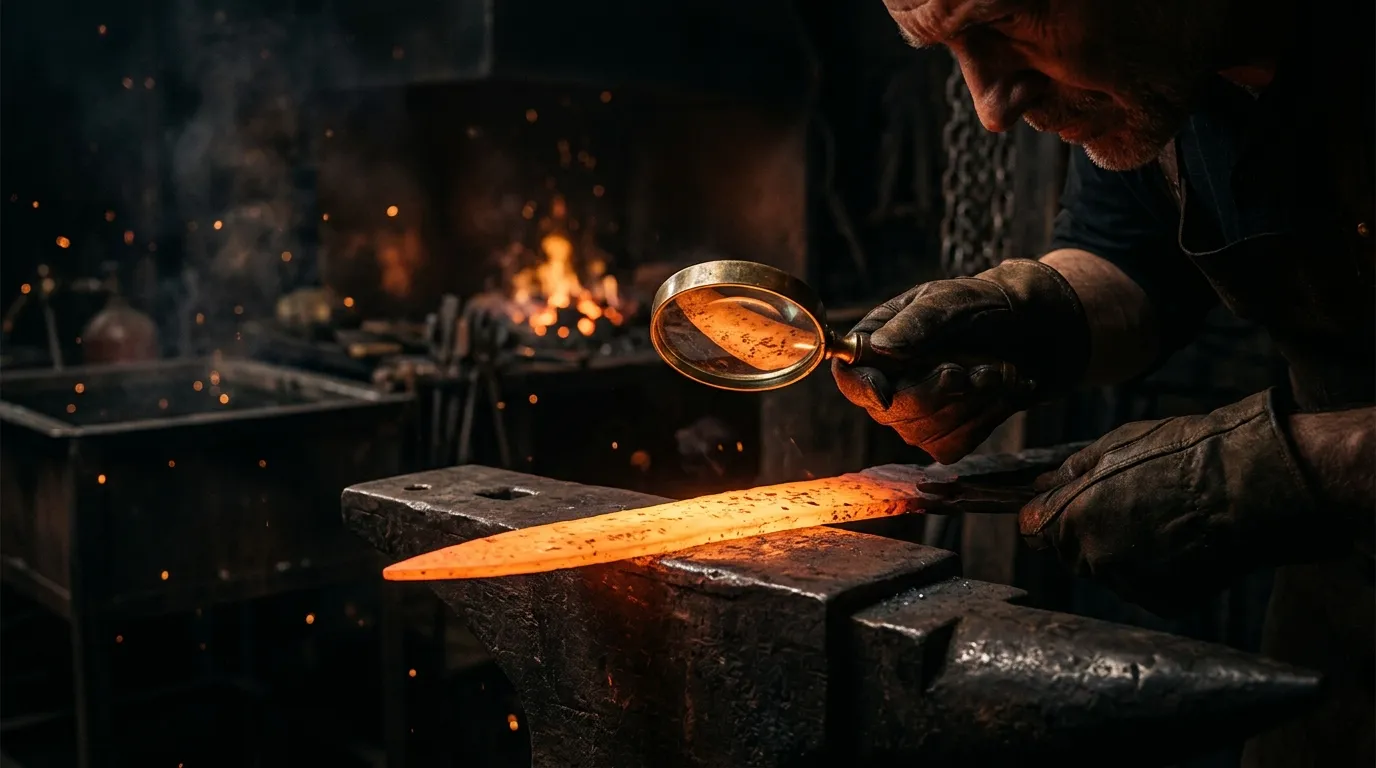 A blacksmith inspecting a freshly forged blade with a magnifying glass before it leaves the anvil