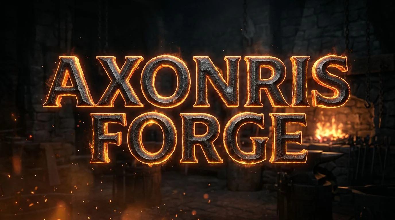 AXONRIS FORGE, glowing molten-metal lettering in a blacksmith's forge
