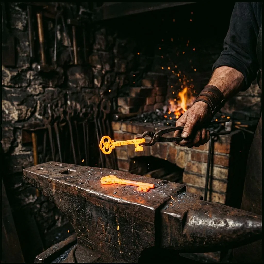 A blacksmith holds one glowing key aloft in tongs while a second identical key rests on the anvil
