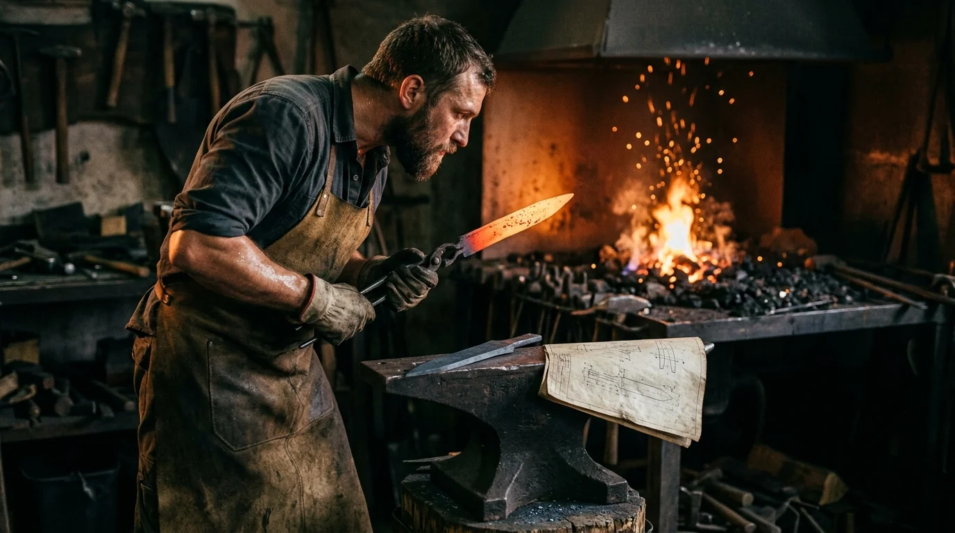 A blacksmith inspecting a freshly forged blade in the firelight before stamping it