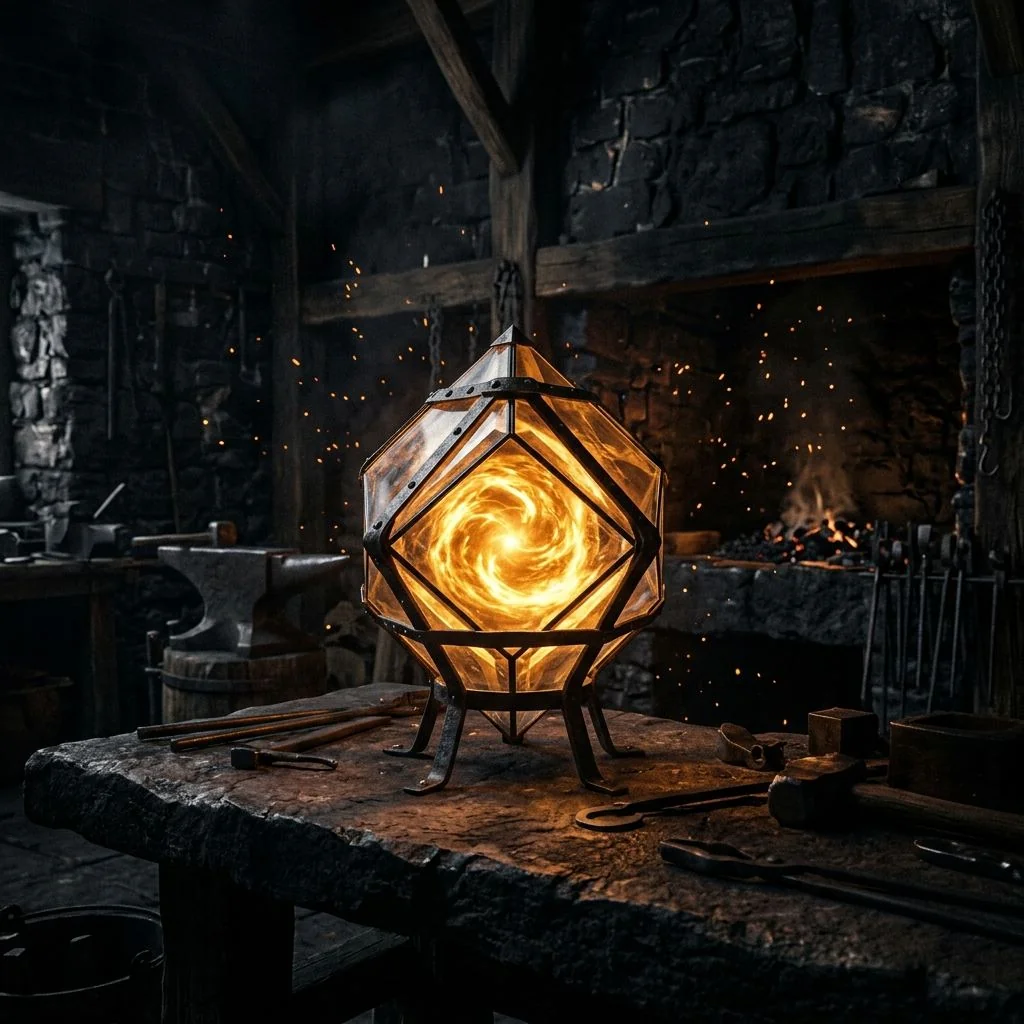 A sealed geometric glass and metal chamber containing swirling contained fire, sitting on a forge workbench